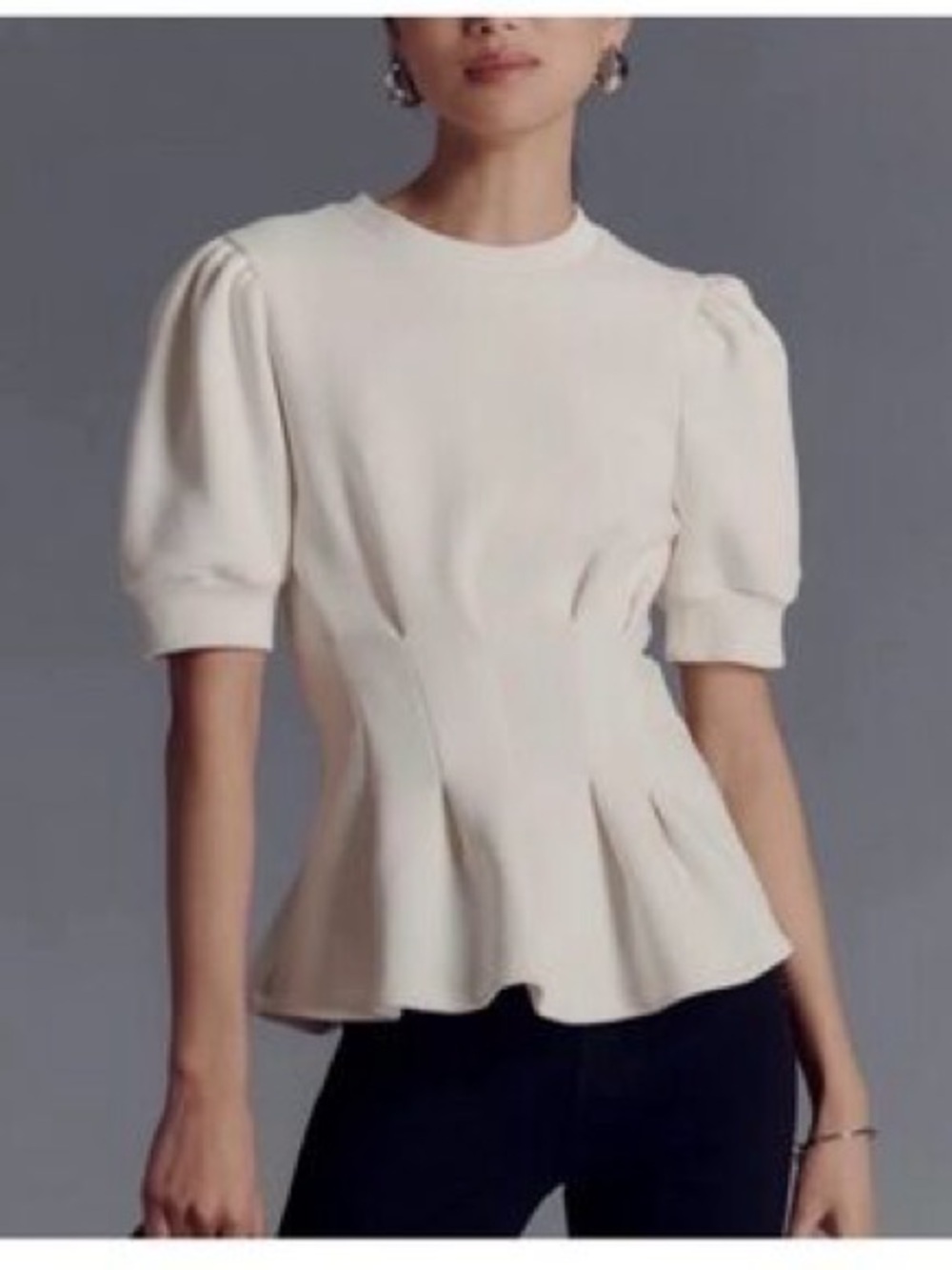 Anthropologie Maeve cream peplum top puffy short sleeves